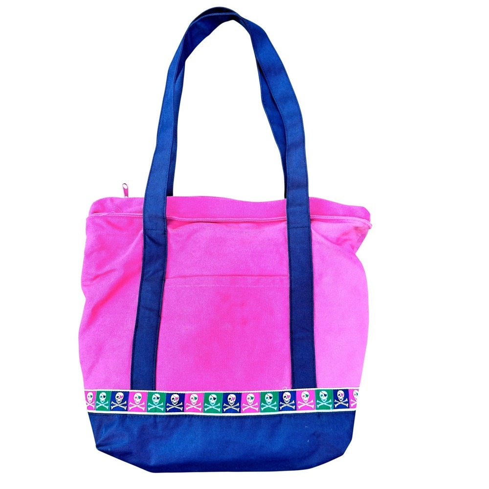 Douglas Paquette Pink Navy Canvas Tote Bag Skull Crossbones Trim Y2K Preppy
